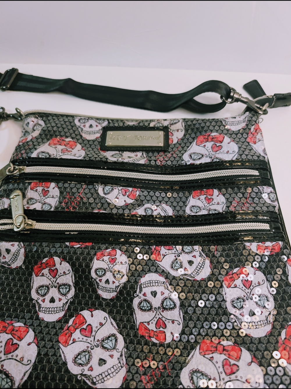 Betsey Johnson Skull Bow Print Sequin Crossbody Bag Black Pink Multiple Pockets